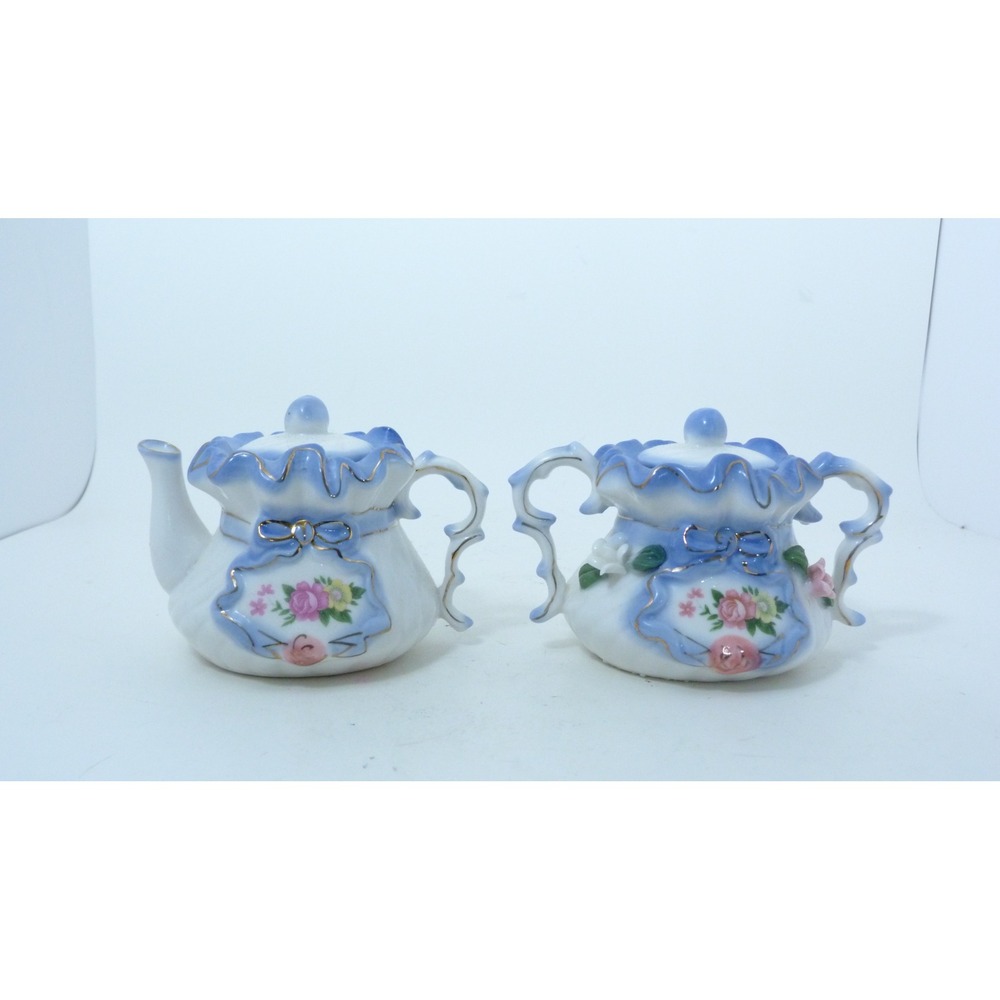 Miniature Porcelain Teapot and Sugar Bowl Set Blue Ruffle Floral Gold Trim